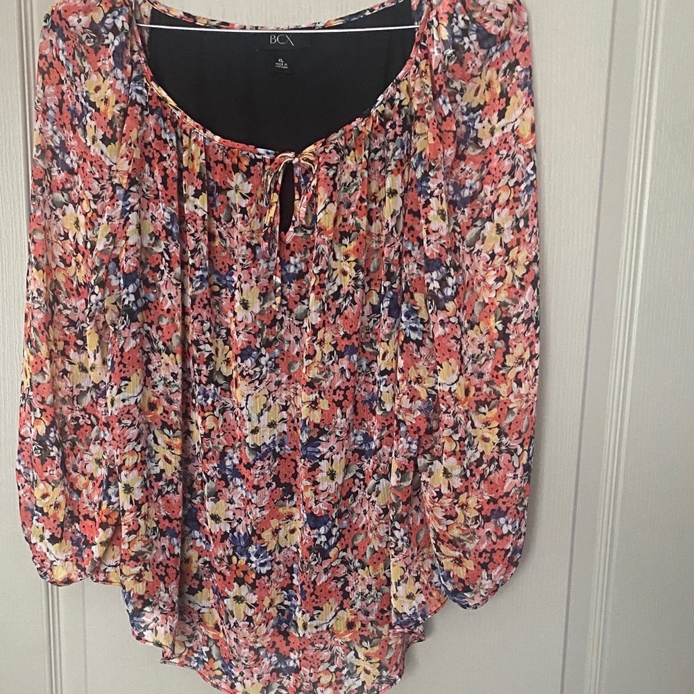 BCX Floral Print Blouse with Pink and Yellow Accents